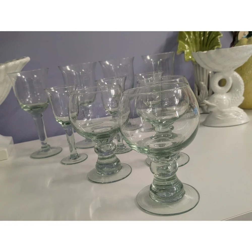 la mediterranea Set/9 Hand blown Green Wine, Beer, Water Goblets NEW!